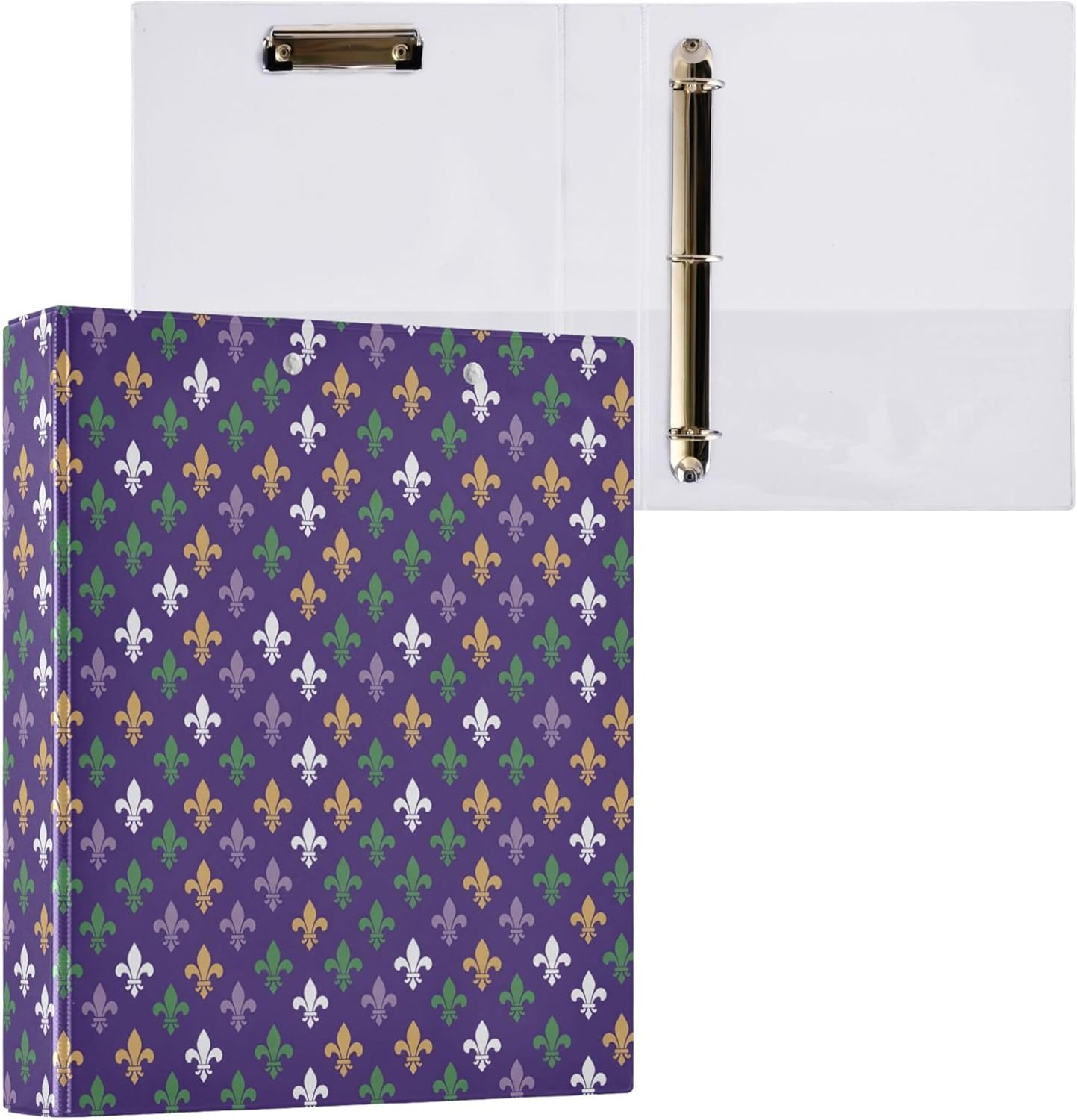 Mardi Gras 3 Ring Binders, 1.5” Round Ring Binders with Clipboard - Letter Size, 3 Interior PVC Clear Pockets & Anti-Slip Clip for Office School Supplies, 2PCS