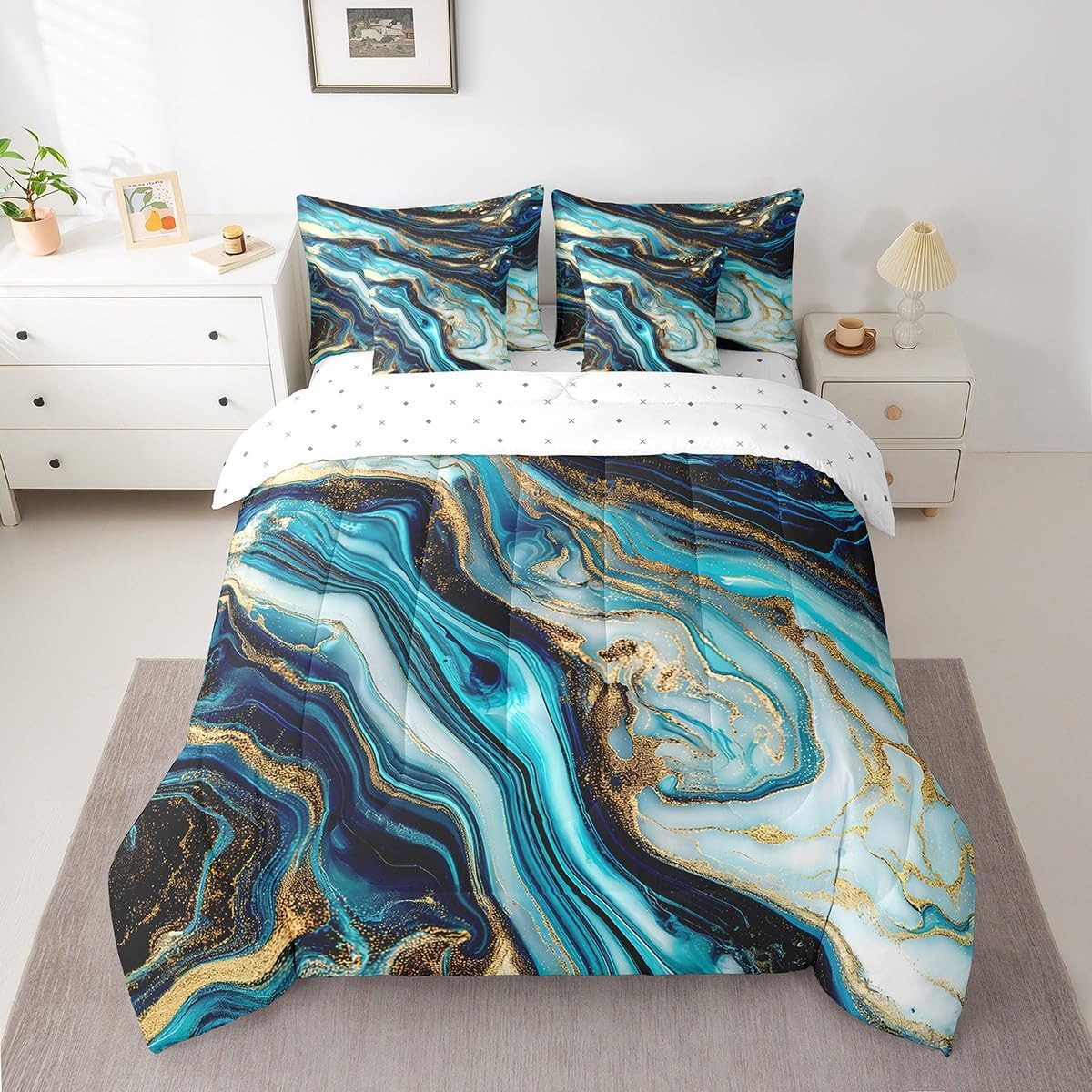 Blue Marble Bedding Comforter Sets 7 Pieces Teal Marbling Bed in a Bag, Abstract Aesthetic Twin Bedding Sets Watercolor Stone Pattern Comforter Set, Gold Metallic Sequins Bedding Sets & Collections
