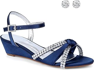 Women's Satin Wedge Sandals Rhinestone Bowknot Wedding Party Shoes with Crystal Ear stud