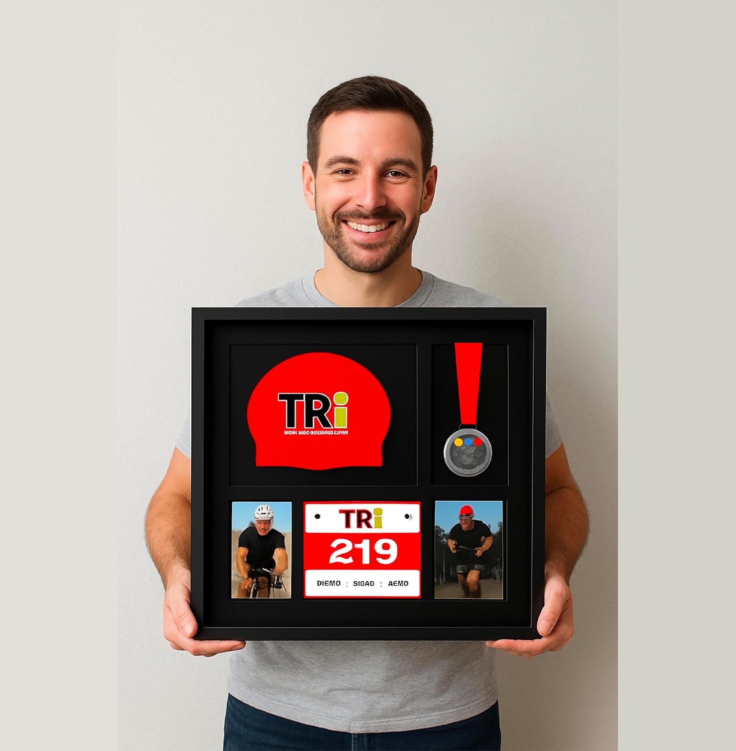 5-in-1 Frameset Display (Medal, Race Bibs, and Photo Display) – Marathon or Triathlon Medal Display and Frame, Triathlon & Running Bib Holder, Wall-Mounted, Color Black