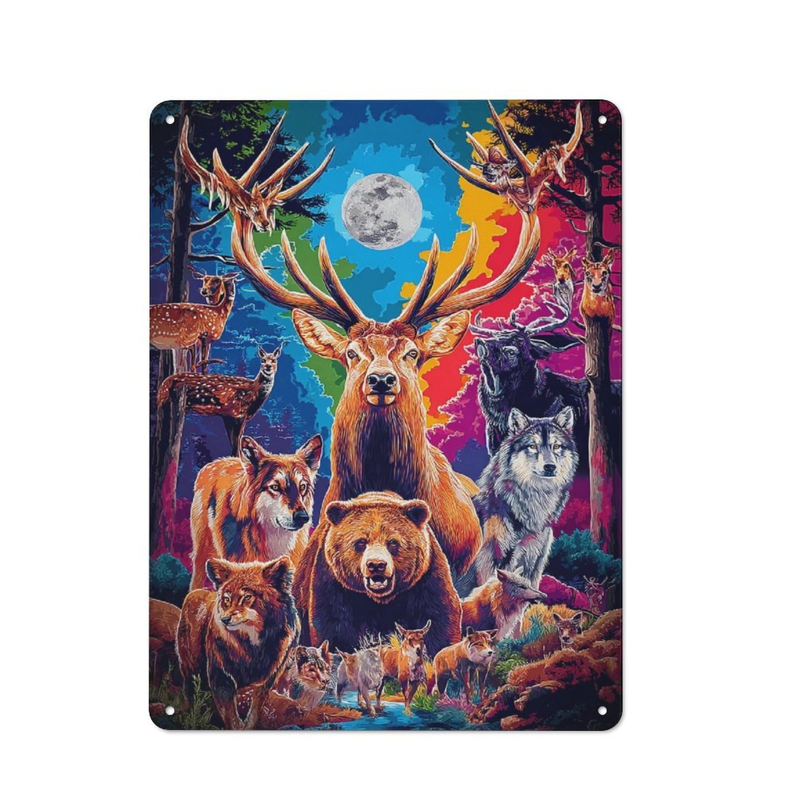 Junmoney Forest Creatures Under The Moonlight Tin Sign With Design 40X30cm, Vintage Workshop Wall Decor For Tool Room, Garage, Studio Or Home Bar