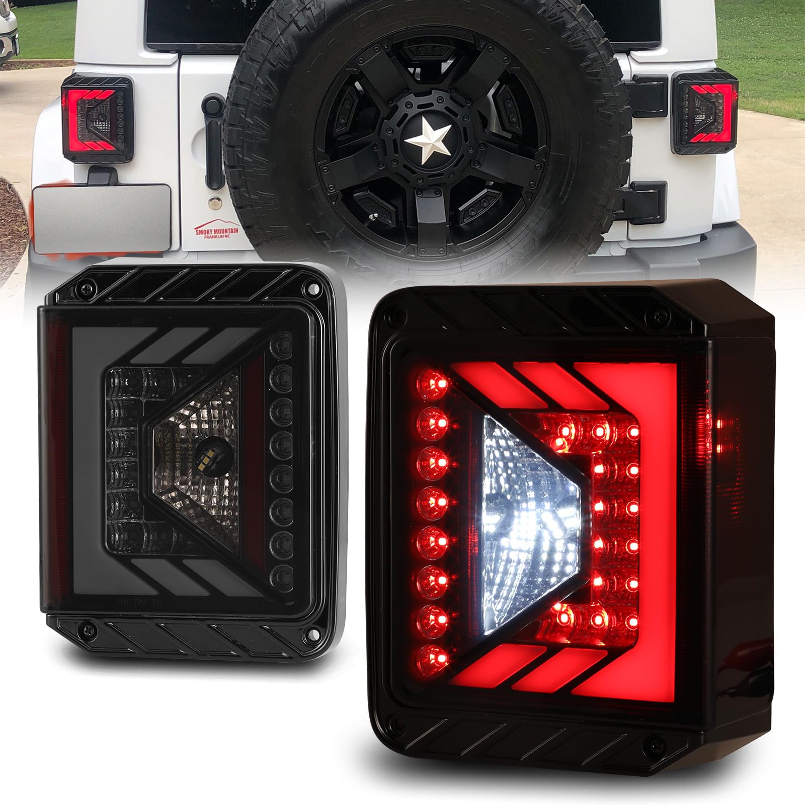 LED Tail Lights Assembly Compatible with 2007-2018 Jeep Wrangler JK Plug & Play LED Rear Tail Lamp Replacement for Jeep JK- 1 Pair (Smoke Lens)