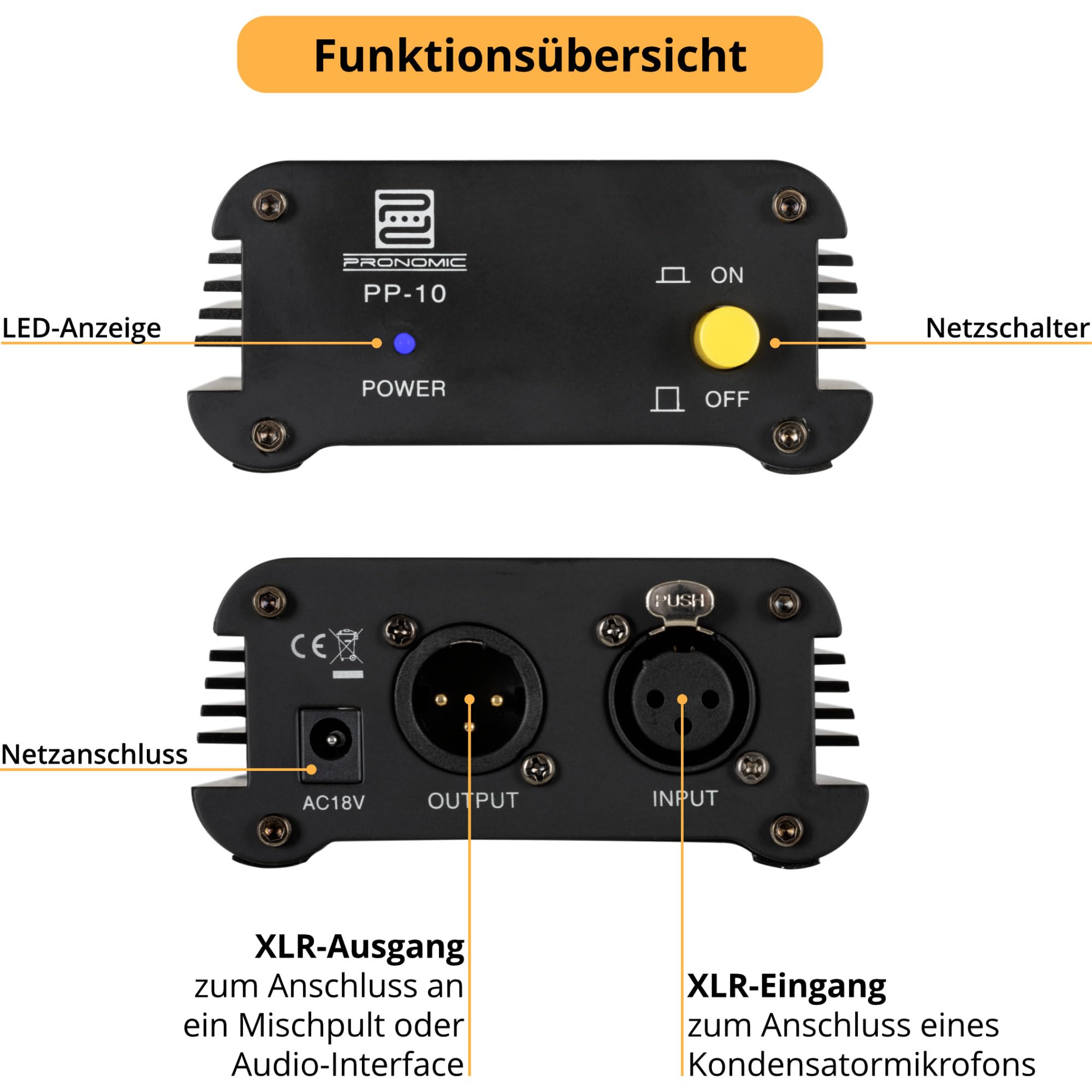 Adaptador de alimentación Phantom Pronomic PP-10 (para 1 micrófono de Condensador, Compacto, Robusto, Incluye Fuente de alimentación) Negro