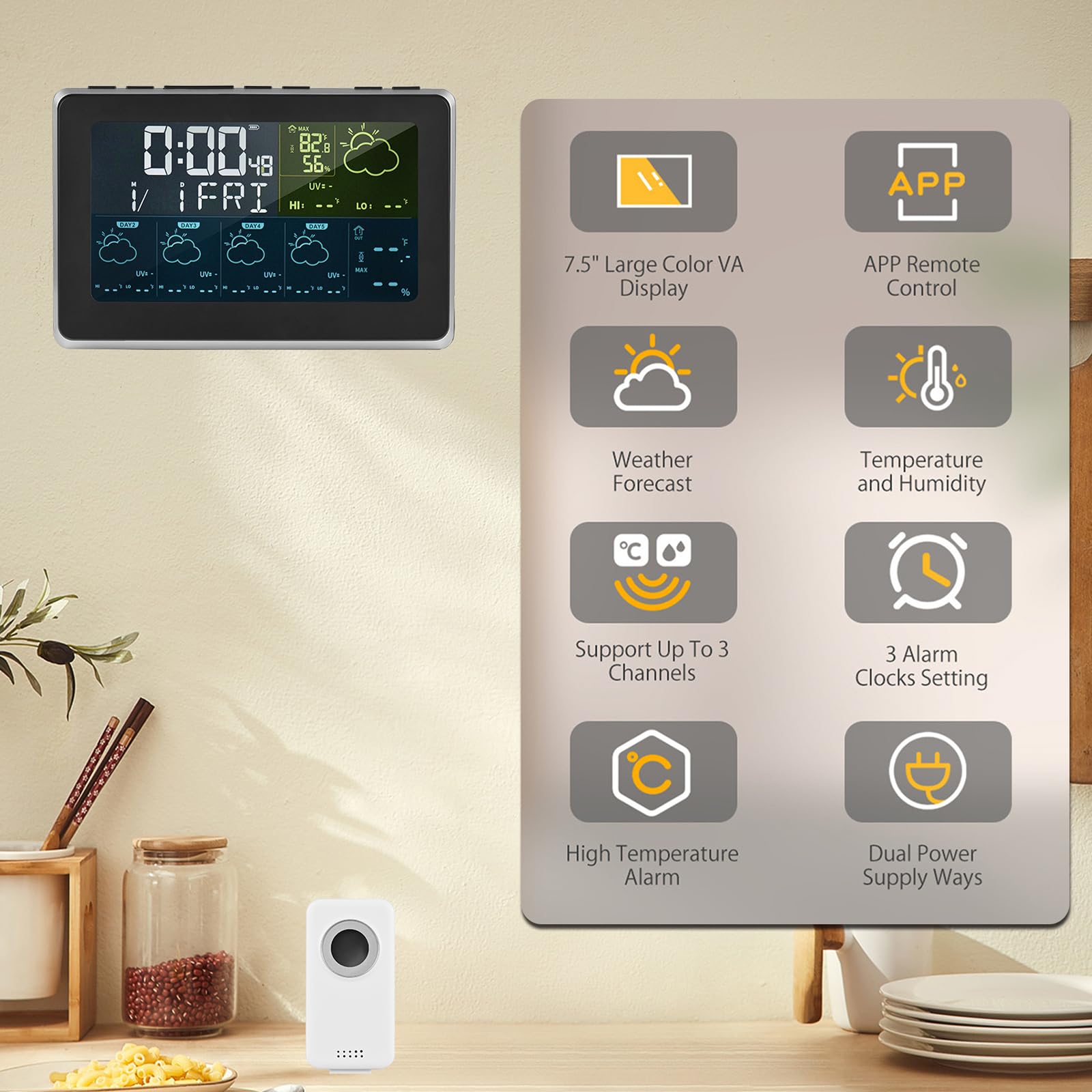 Stacja pogodowa WiFi Smart z pilotem Tuya APP i czujnikami, termometrem do pomiaru temperatury wewnątrz i na zewnątrz/barometrem/funkcją drzemki/prognozą pogody