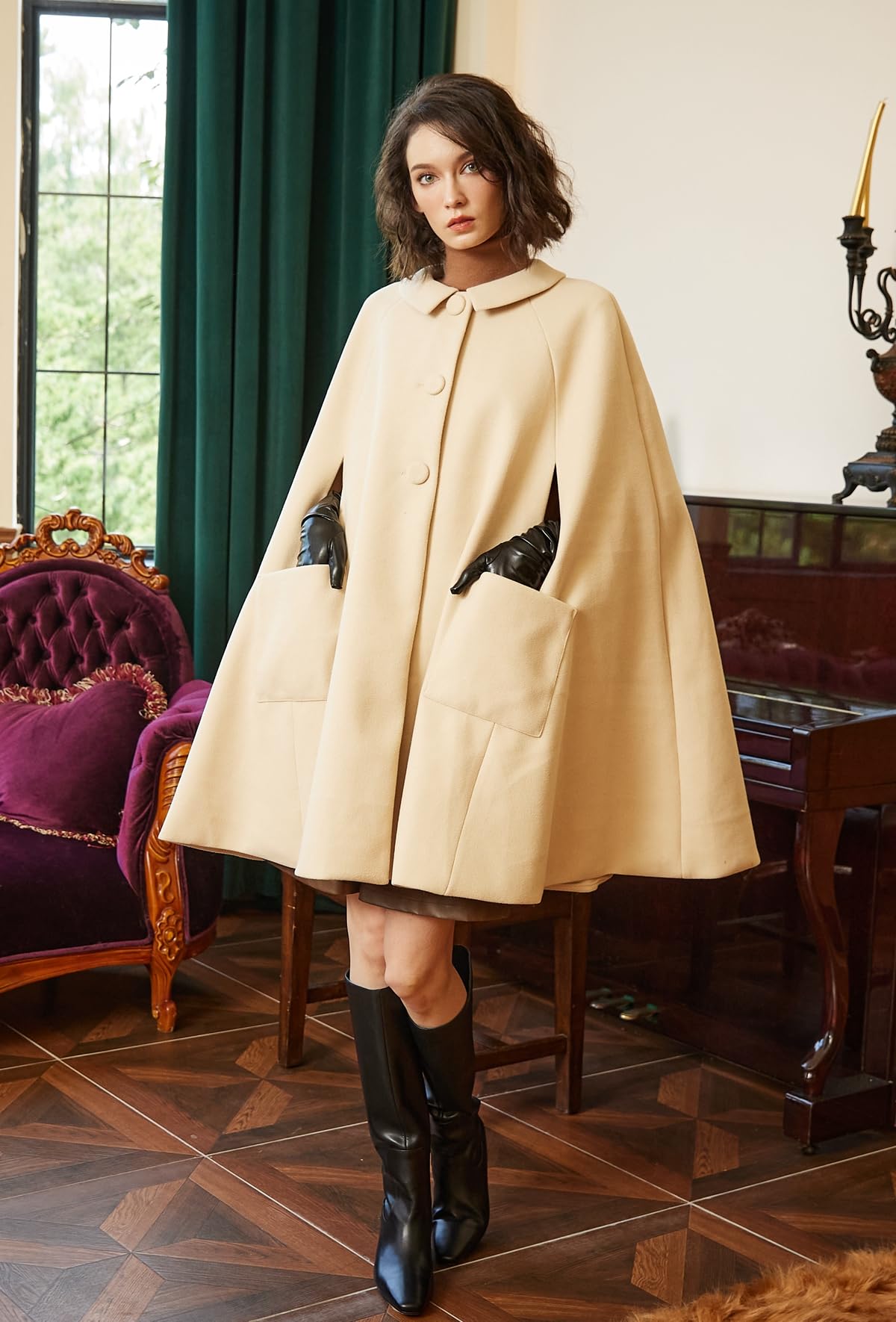BEAUTELICATE Cape Manteau Court en Laine Mélange Tartan Poncho Chic Vintage Veste de Léopard Chaud pour Femme Soirée Mariage Quotidien de Hiver Automne Noël Halloween Deguisement avec Poches Bouton