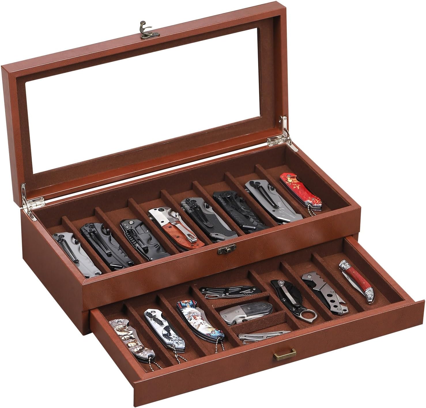 AUTOARK 2-Tier PU Leather & Velvet Knife Organizer with 17 Slots,Transparent Glass Top & Drawer,Compact Storage for Pocket Knives,Perfect for Men's Collections & Gifts,Coffee,MKAW012
