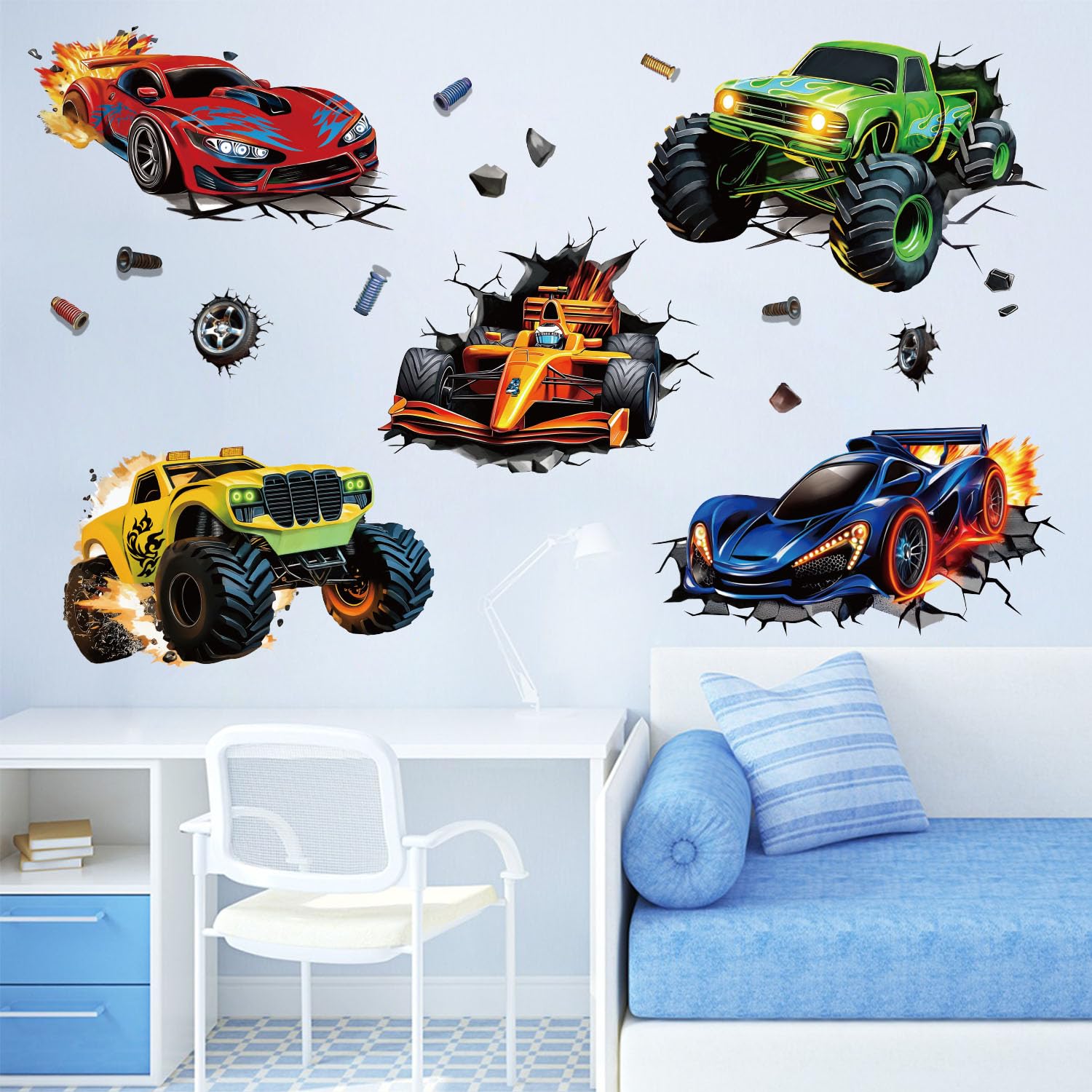 Stickers muraux 3D voitures de course – Camion éclatant à travers le mur, voitures de course F1 pour chambre d'enfant et chambre de garçon