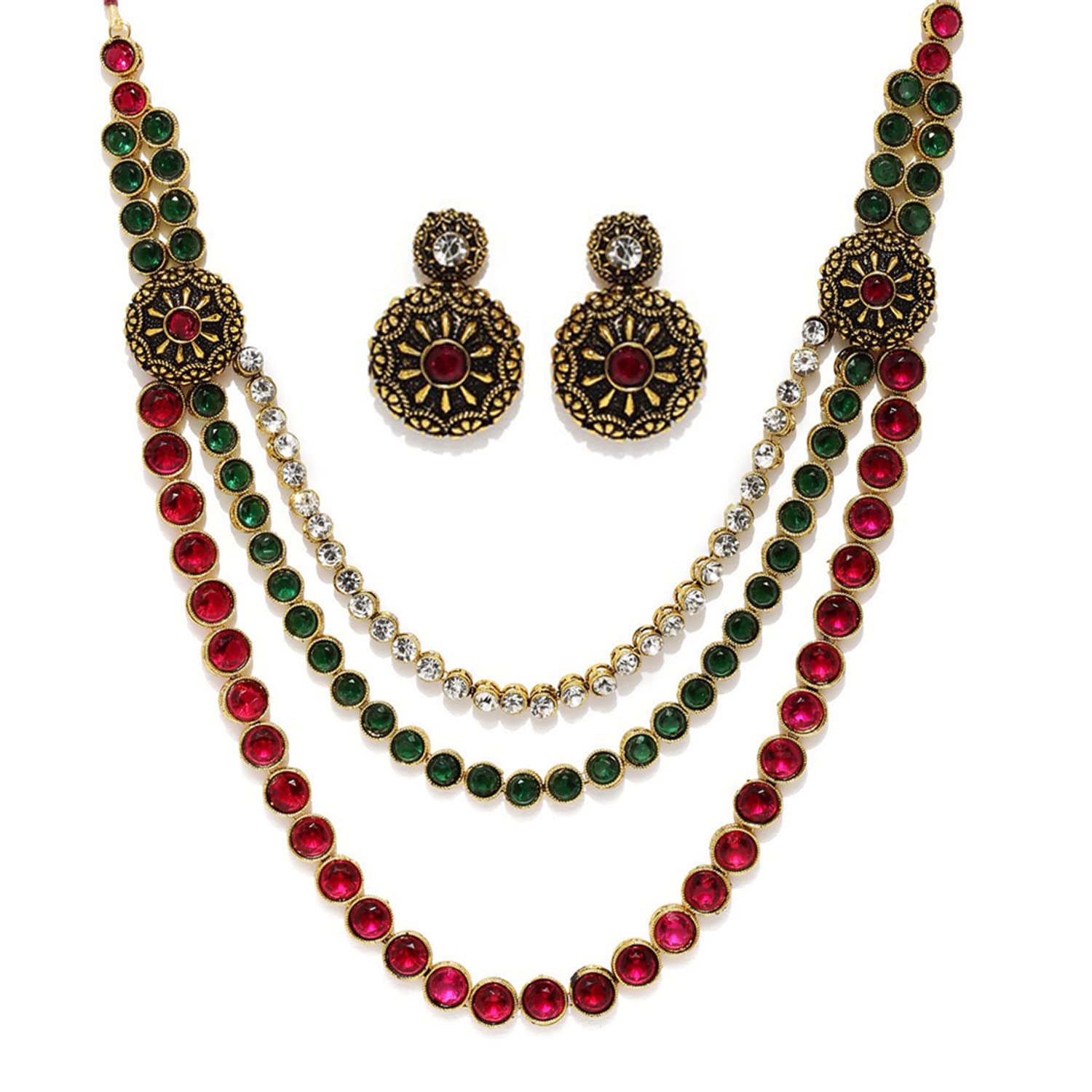 Stefan Traditional Ethnic Lekar Gold Plated Tripple Layer Multicolor Kundan Necklace Set for Women (CJ100384) (B09YV1XPL1) Amazon Price History, Amazon Price Tracker