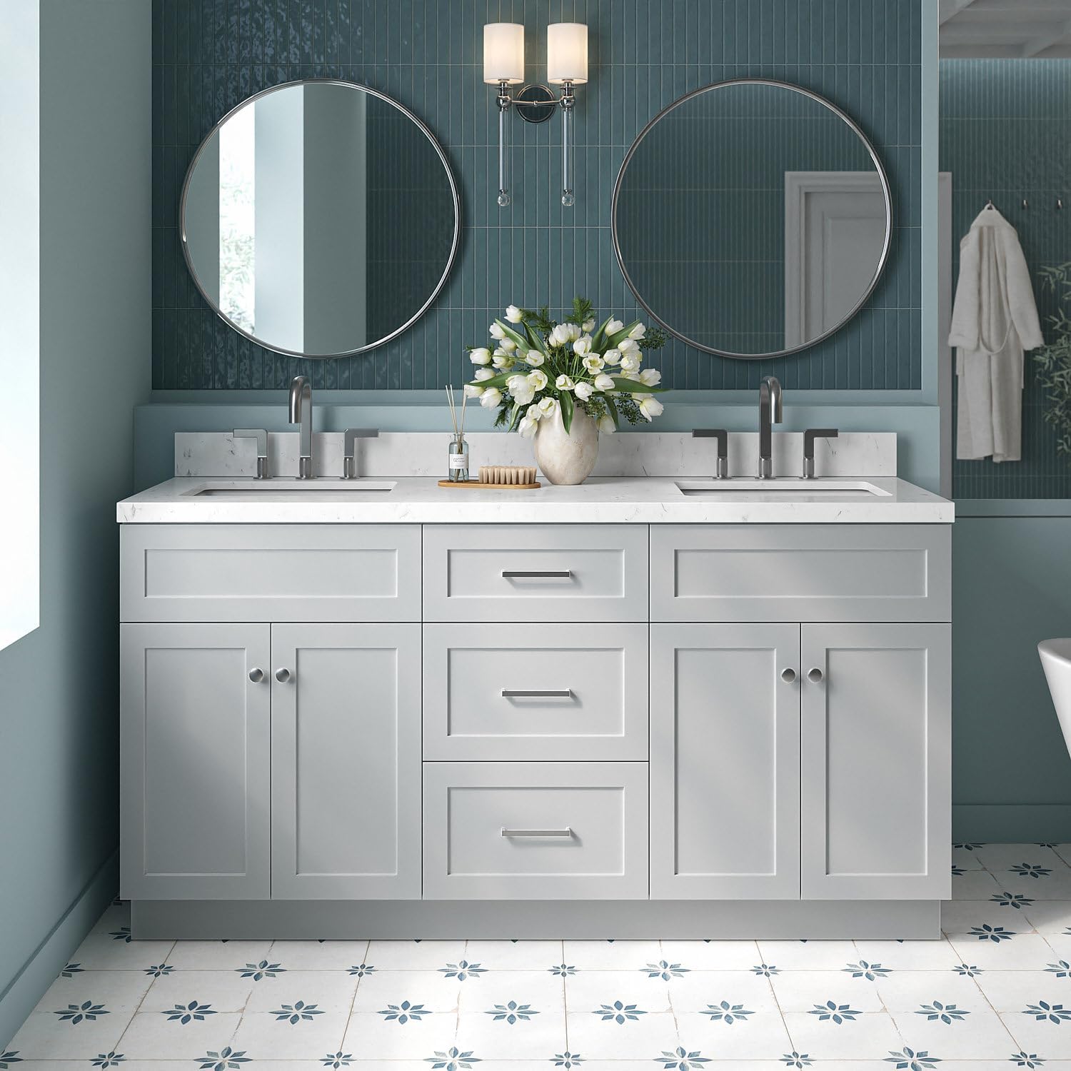 ARIEL Hamlet 66-inch Bathroom Vanity with Sink,Solid Wood, 1.5-inch Carrara White Quartz Countertop & Backsplash, Double Rectangular Porcelain Sink, 4 Soft Closing Doors, 3 Dovetail Drawers, Grey