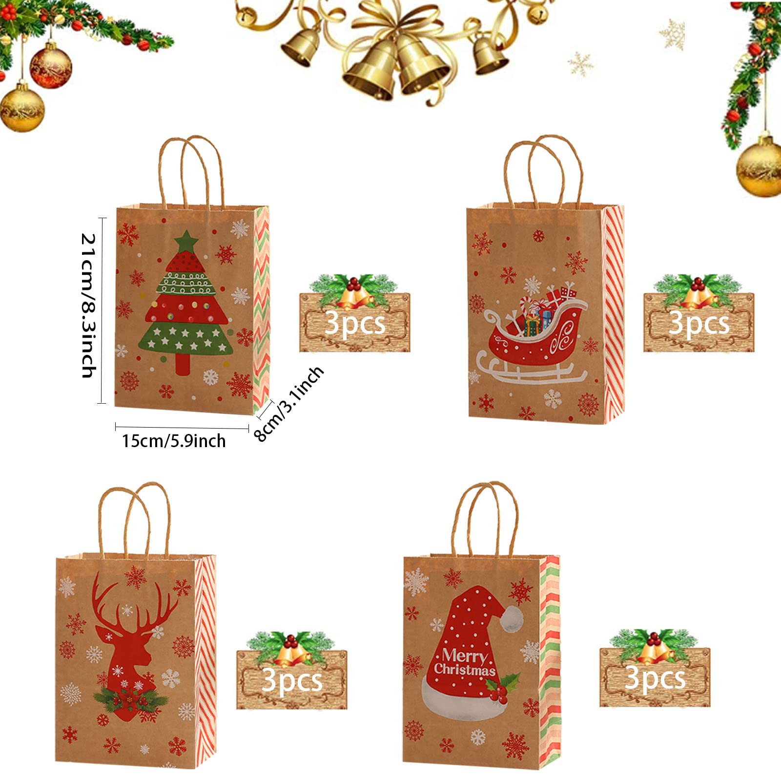 Pochette Cadeau Noel Lot De 24 Sacs Cadeaux De Noël En Papier Kraft, Assortis, Avec Poignées, Sacs En Papier Avec Impressions, Pour Emballage Cadeau De Noël, Fournitures De Fêtes De Noël Sac