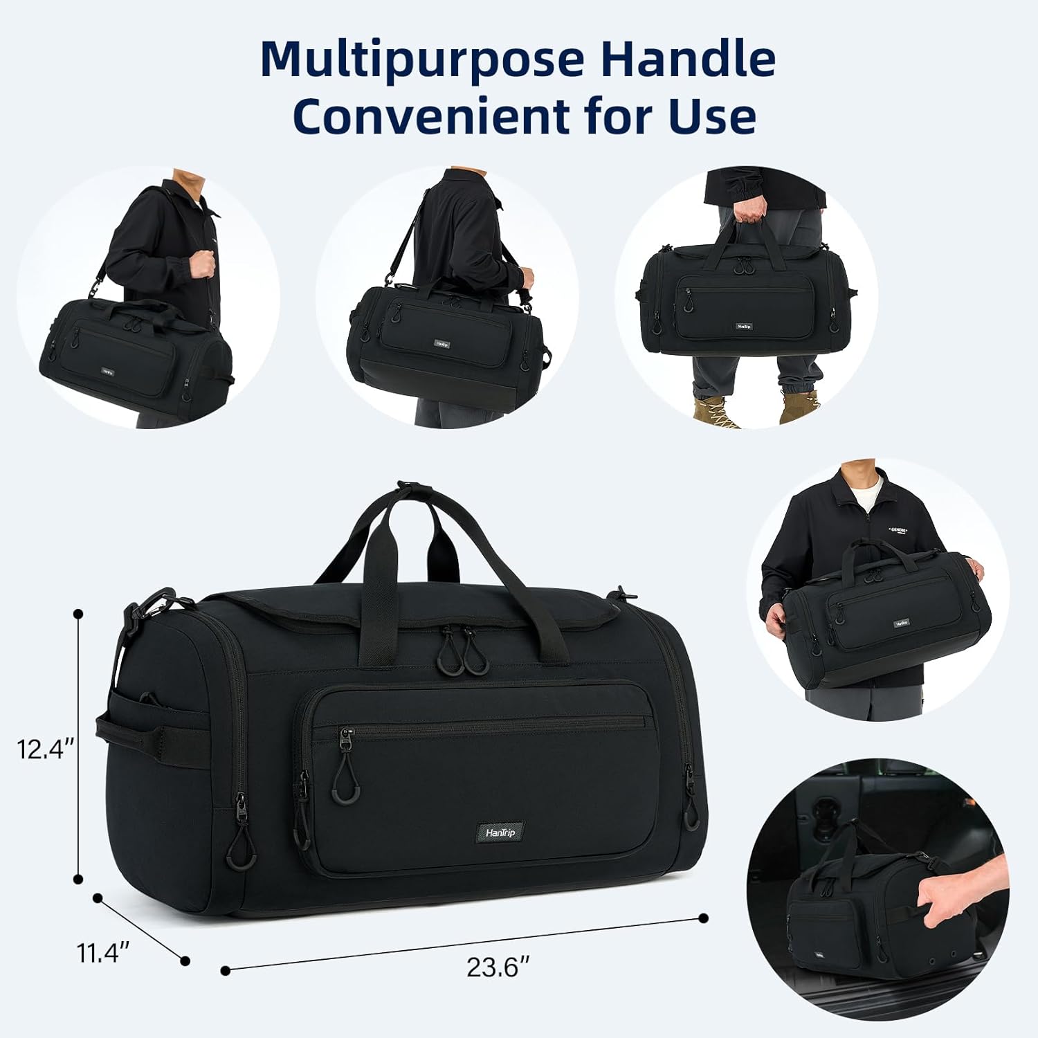 HanTrip Large Travel Duffle Gym Bag with Shoe Compartment, Underseat Carry On Luggage Overnight Weekender Personal Item Workout Bags for Women Men (Black)