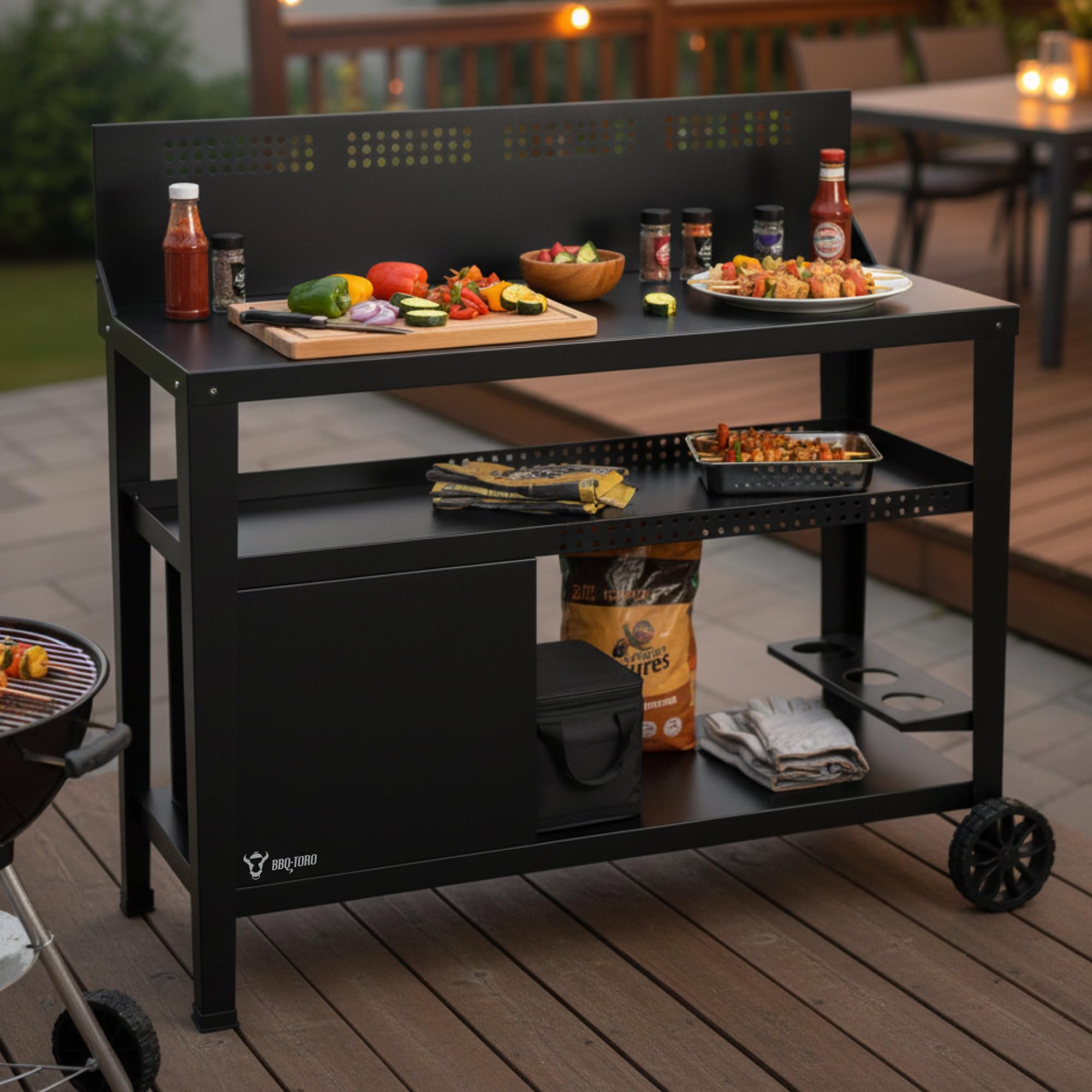 BBQ-Toro Carro Parrilla 125 x 57 x 104 cm | Negro | Mesa Grill con Gran Superficie Trabajo | Mesa Auxiliar BBQ con Paraviento | Trolley Exterior | Carro Servicio con Estante