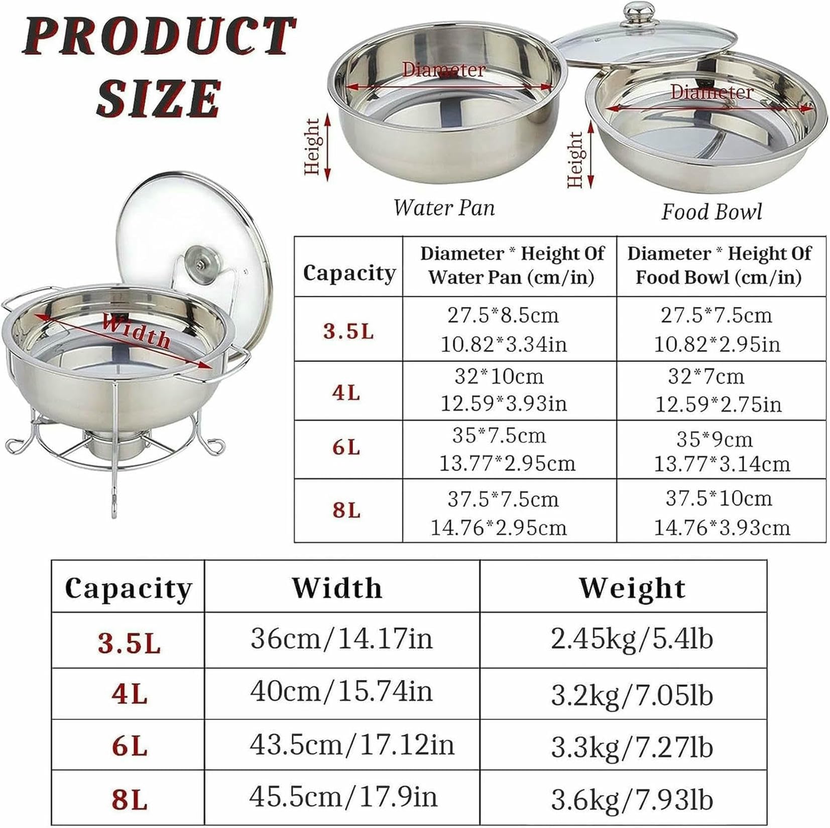 Set di piatti da buffet rotondi in acciaio inox con coperchio in vetro, da 3,5 l a 8 l, include piattaforma e scaldavivande per cene, ideale per feste e catering