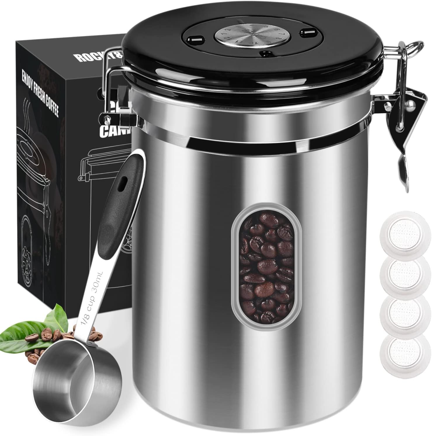 2800ML Airtight Coffee Canister with Date Tracker&amp;Transparent Window, 35OZ Coffee Container with 30ML Measure Spoon&amp;4 co2 Valve, Coffee Bean Storage Container for Grounds Coffee, Beans, Tea(Silver)