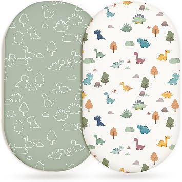 Bassinet Sheets for Baby Girls Boys 2 Pack, Fitted Baby Mattress Sheet for Rectangle, Oval, Hourglass Bassinet Mattress, Breathable Cozy & Universal Fit Sage Dino, Bassinet Sheet