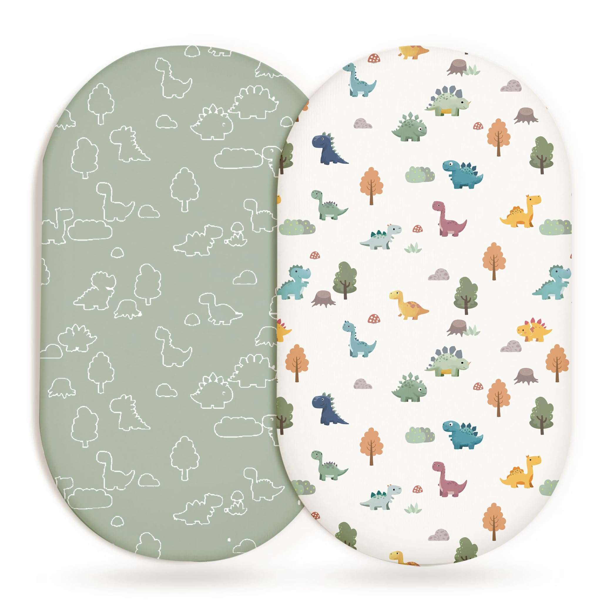 Bassinet Sheets, Fitted Baby Mattress Covers, 33" x 17", Sage Dino