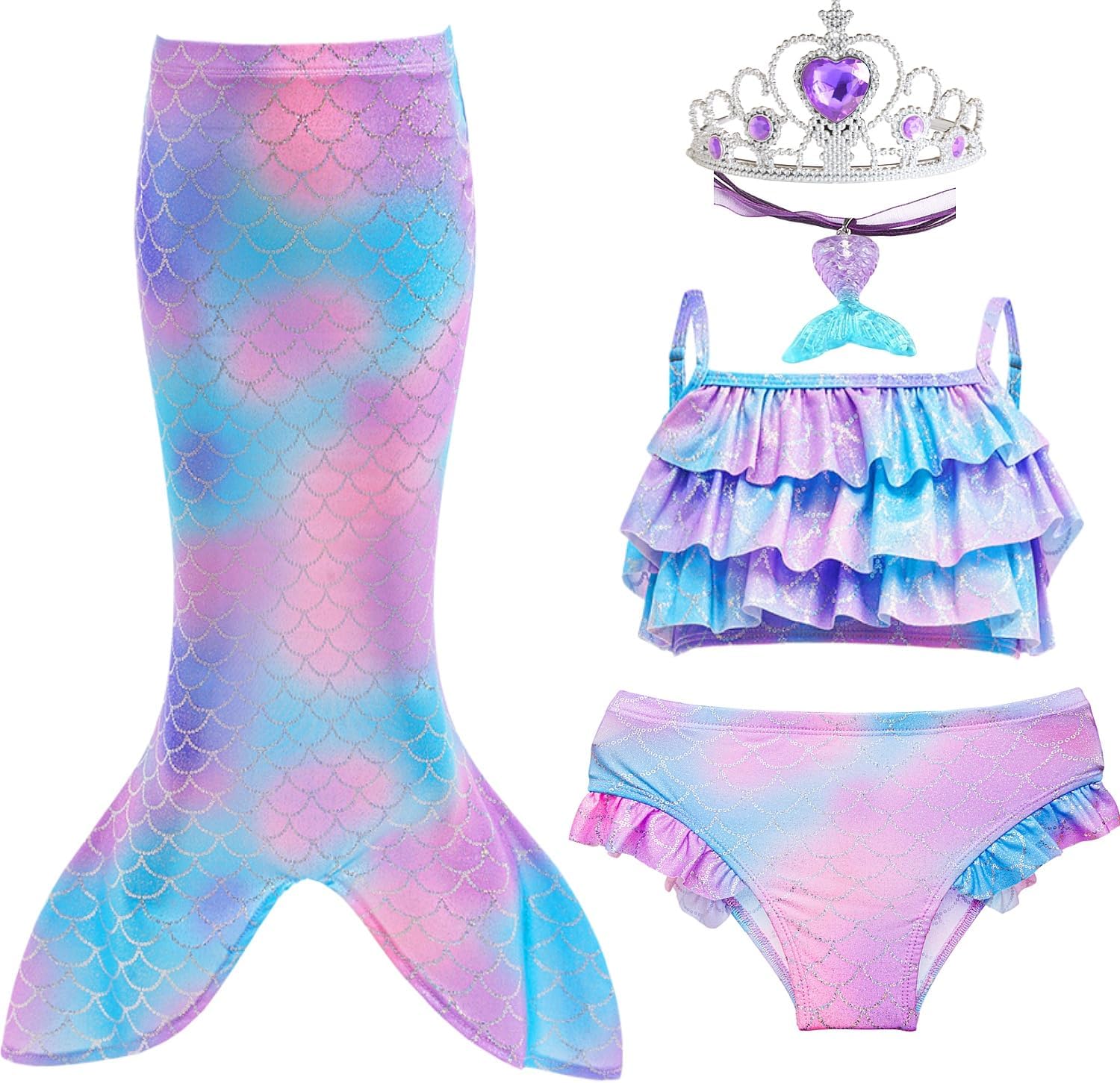 Mermaid Tail Swimsuit Set for Girls 4 PCS Beach Bikini Princess Birthday Party Costume Swimwear