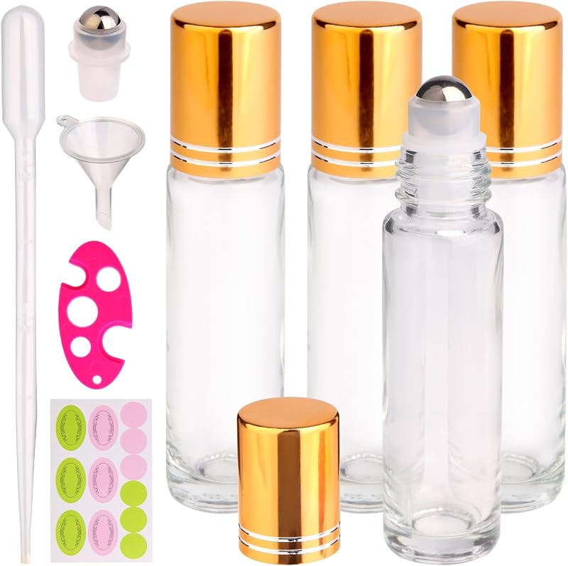 inice Frascos Roll-on de Vidro com Esfera de Aço Inoxidável, 10 mL, Conjunto com 4