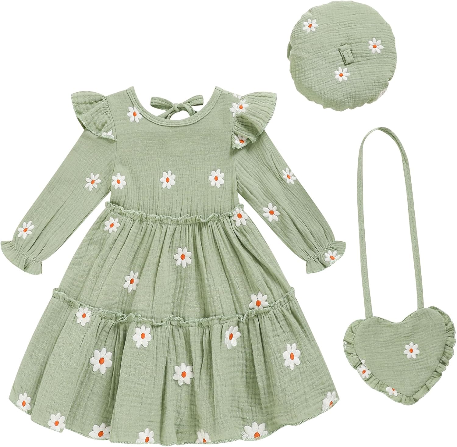 Toddler Girl Dress Kids Long Sleeve Ruffle Dresses Fall Winter Outfit Hat Bag Floral Girls Casual Playwear Dress