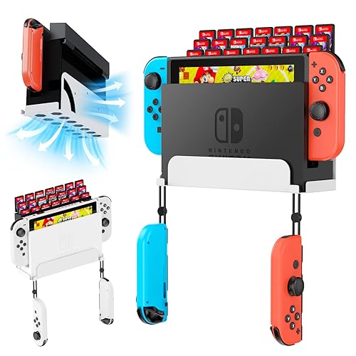 KUNSLCUK Wall Mount for Switch and Switch OLED, Metal Wall Mount Stand Accessories with 28 Game Cards Holder and 2 Joy-Con Hooks, Safely Mount your