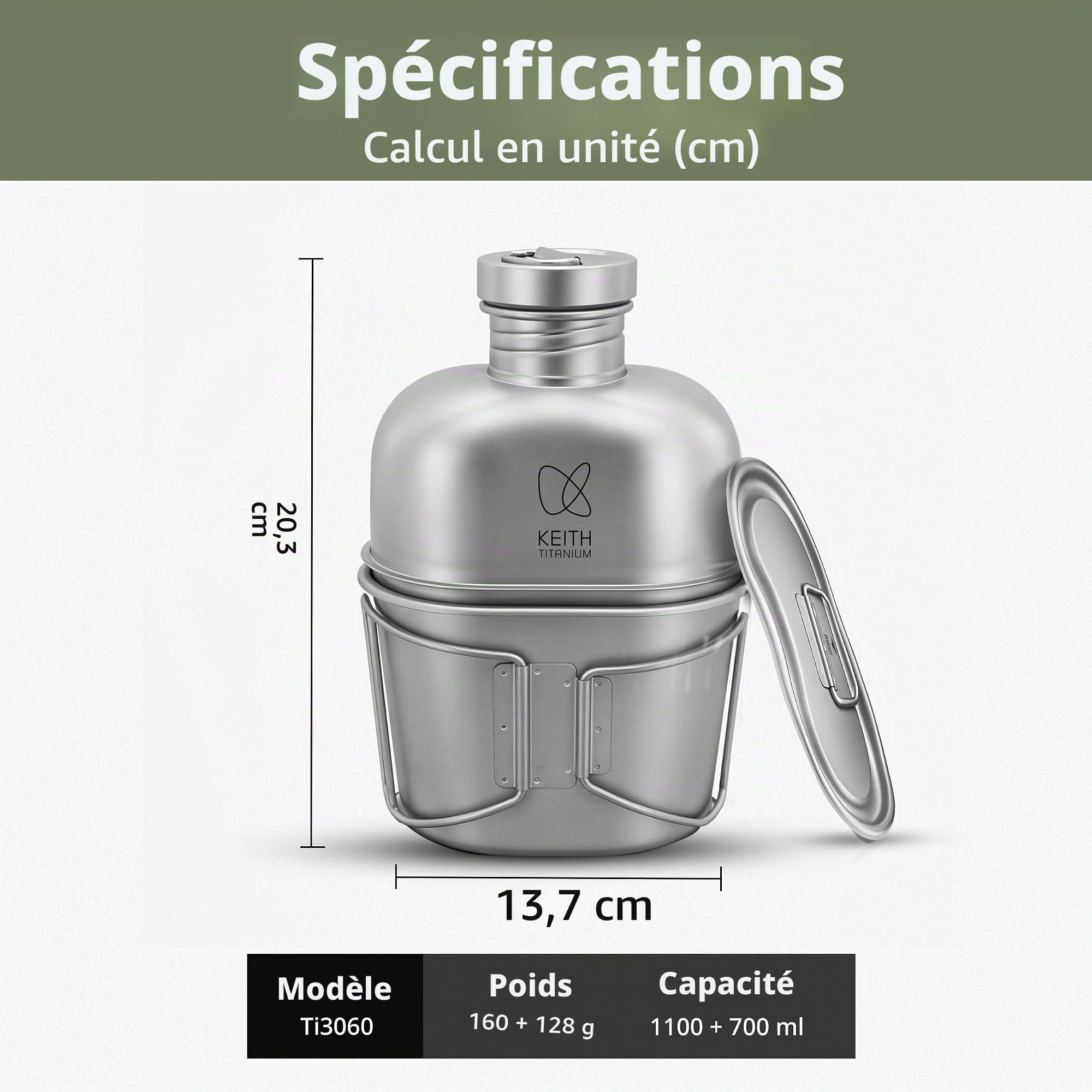 Keith Titanium Cantine Militaire avec Sac Camouflage, Ti3060, Durable, Bouteille 1100 ml + Tasse 700 ml avec Couvercle et Poignées Pliables, Parfait pour Randonnée, Camping et Activités en Plein Air