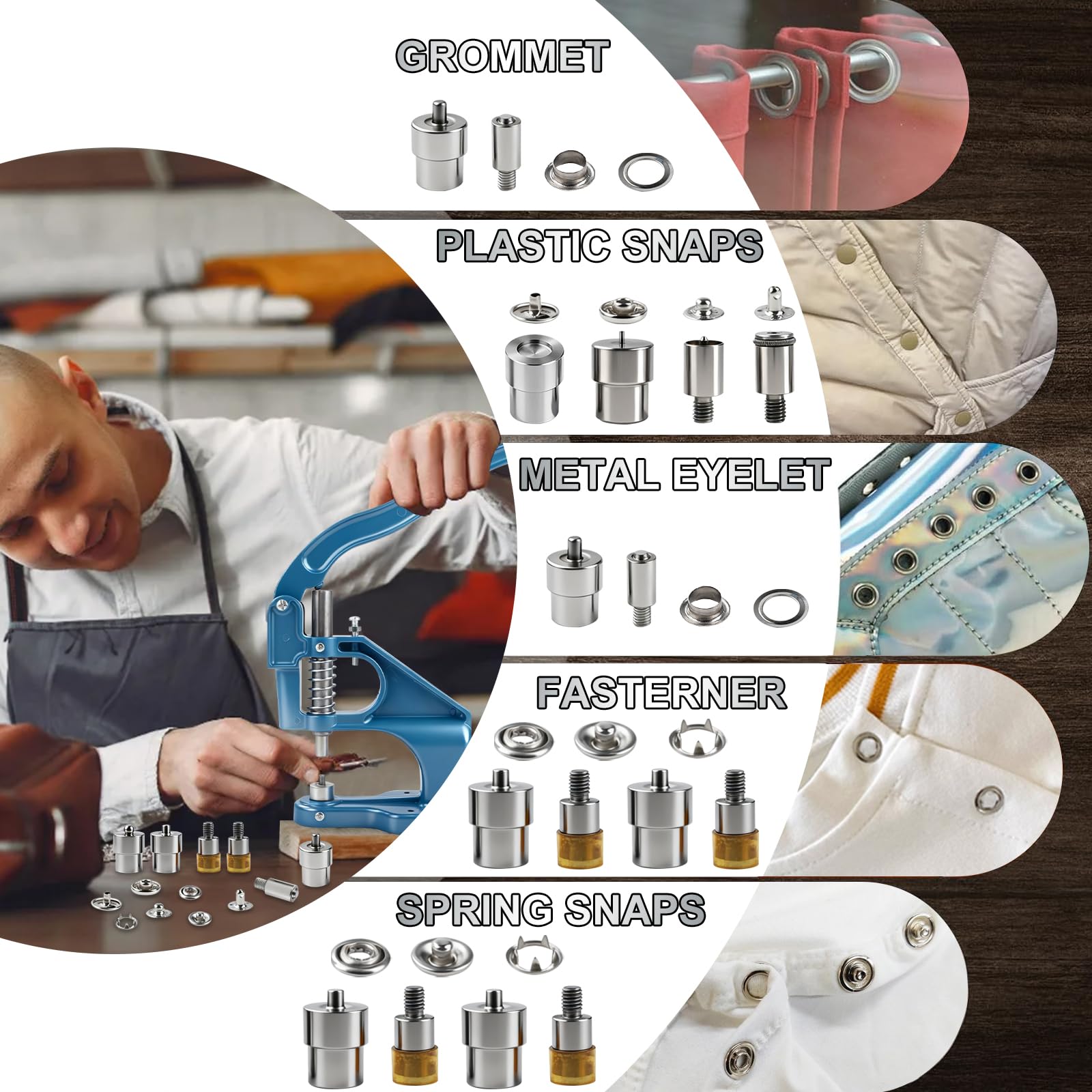 Presse à la main - Kit d'outils de poinçonnage pour cuir, outil de perforation de table à œillets avec marteau, matrices et œillets pour boutons pression, rivets, œillets et perles