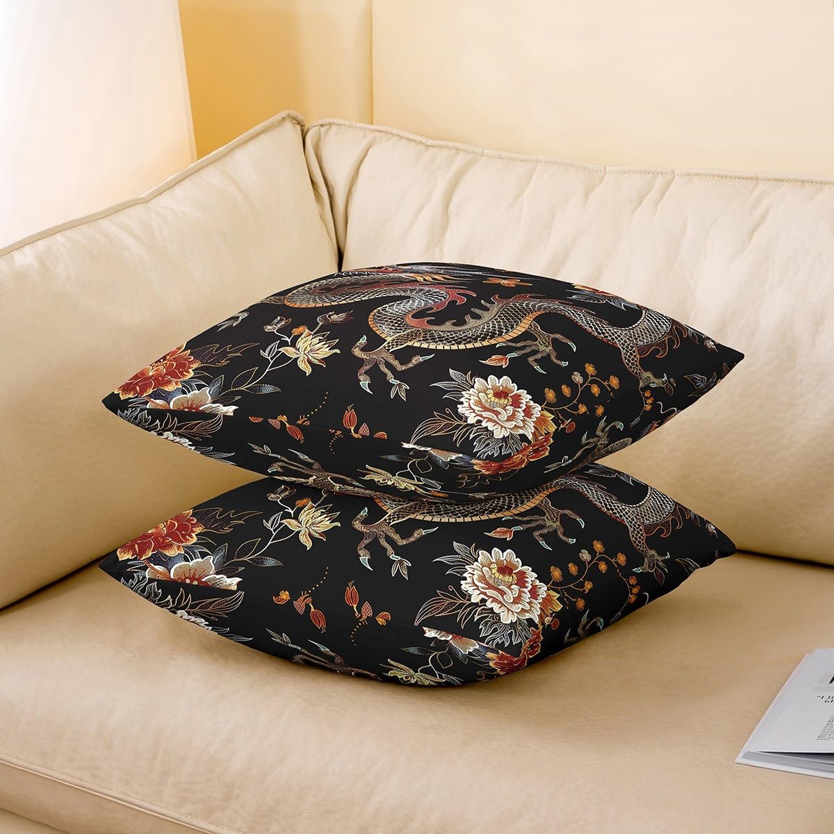 Set of 2 Dragon Throw Pillow Covers,Traditional Exotic Dragon Print Cushion Case for Living Room Decor Reversible Chinese Style Botanical Floral Flower Print Decorative Throw Cushion Case,22x22 Inches