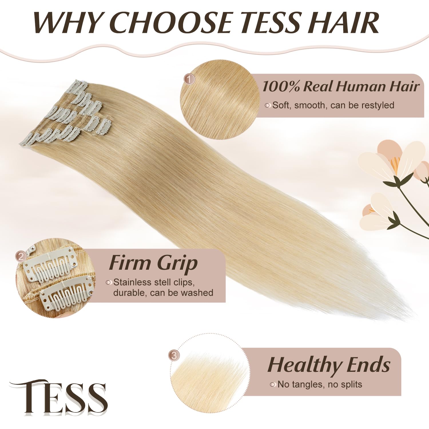 TESS Clip in Hair Extensions Real Human Hair Blonde Remy Seamless 8 Pieces Straight for Women/Girls (#24 Natural Blonde, 12 Inch 55g) - Image 3