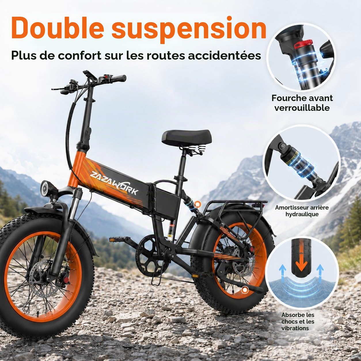 CF1000 Vélo Électrique Pliant Fat Bike 20 Pouces, Batterie 48V 20Ah, Autonomie 120 km, Couple 60 Nm, 7 Vitesses, Double Suspension, Freins Hydrauliques (Blanc et Rouge)