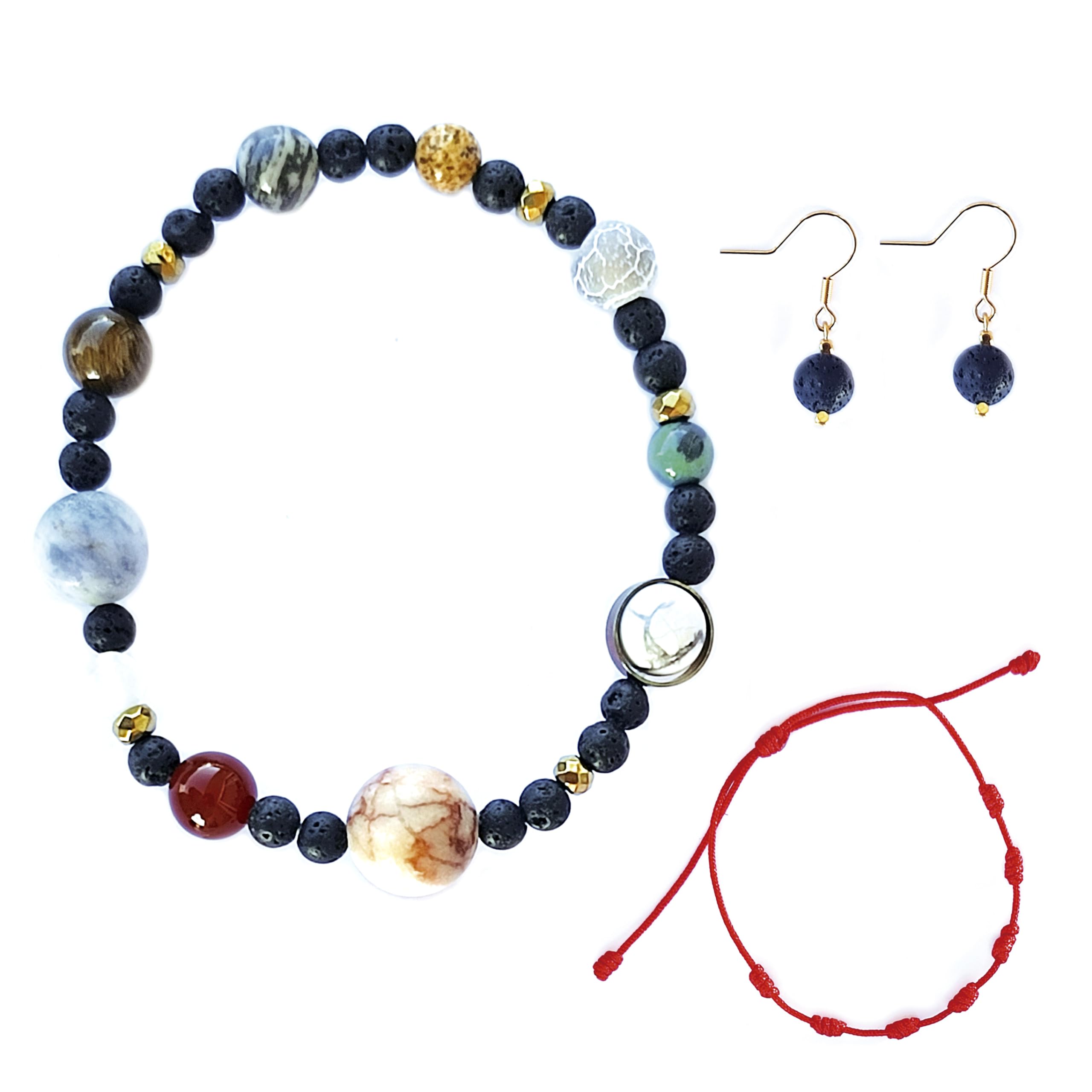 SIMBOLIKS Pulsera Planetas Universo, Galaxia, Sol, Tierra, Jupiter, Pendientes Piedra volcanica, Piedras Curativas, Yoga, MineralesPulsera de los 7 Nudos de Regalo