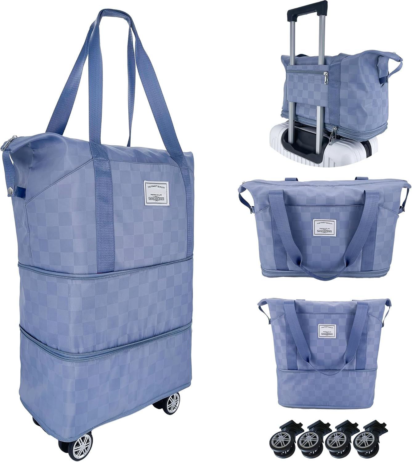 Expandable foldable duffel bag suitcase, detachable rolling wheels,carry-on large duffel bag,luggage bag,suit gym,camping,travel or business trip,Gift for wife and parents-Checkerboard(BLUE)