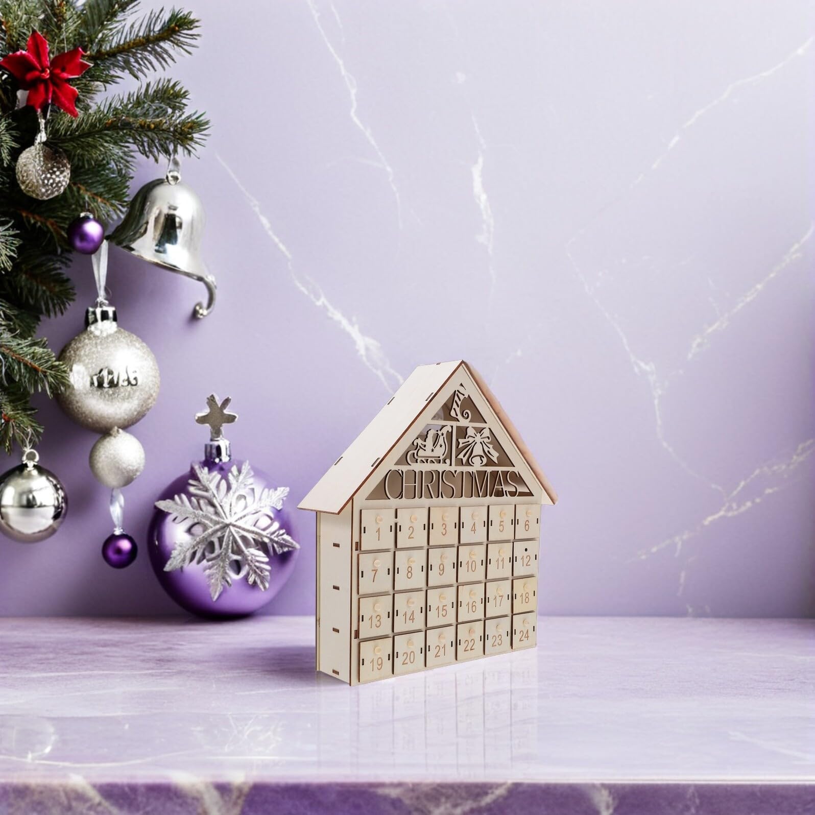 ERINGOGO Calendario de Adviento de Madera con 24 Cajones Rellenables y Luces LED Decoración Navideña Rústica para Mesa Reutilizable para Hogar y Ambiente Familiar