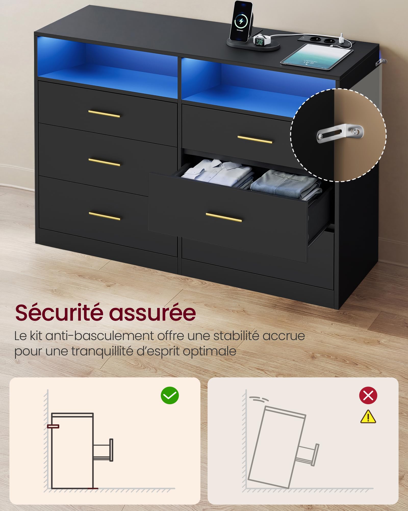 VASAGLE Custos Collection - Commode avec Éclairage LED et Multiprise Intégrée, Armoire de Rangement Moderne, pour Salon, Chambre, 6 Tiroirs, 40 x 119 x 81,2 cm, Noir d'encre LTS316BC01