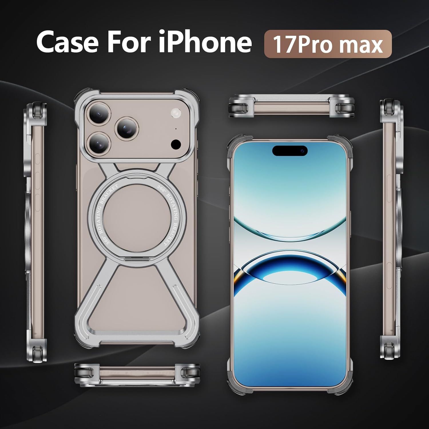 OOPKINS Skeleton Case for iPhone 17 Pro Max Military Grade Drop Protection Rotating Kickstand Ring Grip Compatible with Quick Charge Frameless Metal Bumper for Apple iPhone 17 Pro Max. JJ Silver