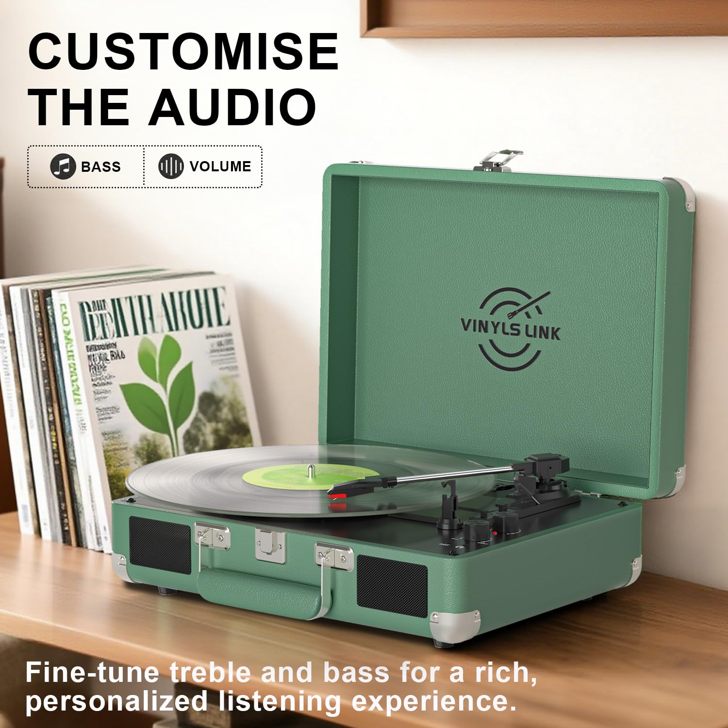 Vinyls Link Plattenspieler mit integrierten Dual-Lautsprechern und Basssteuerung, 3-Gang-Bluetooth, tragbarer Koffer-Plattenspieler, Vintage-LP-Player, unterstützt