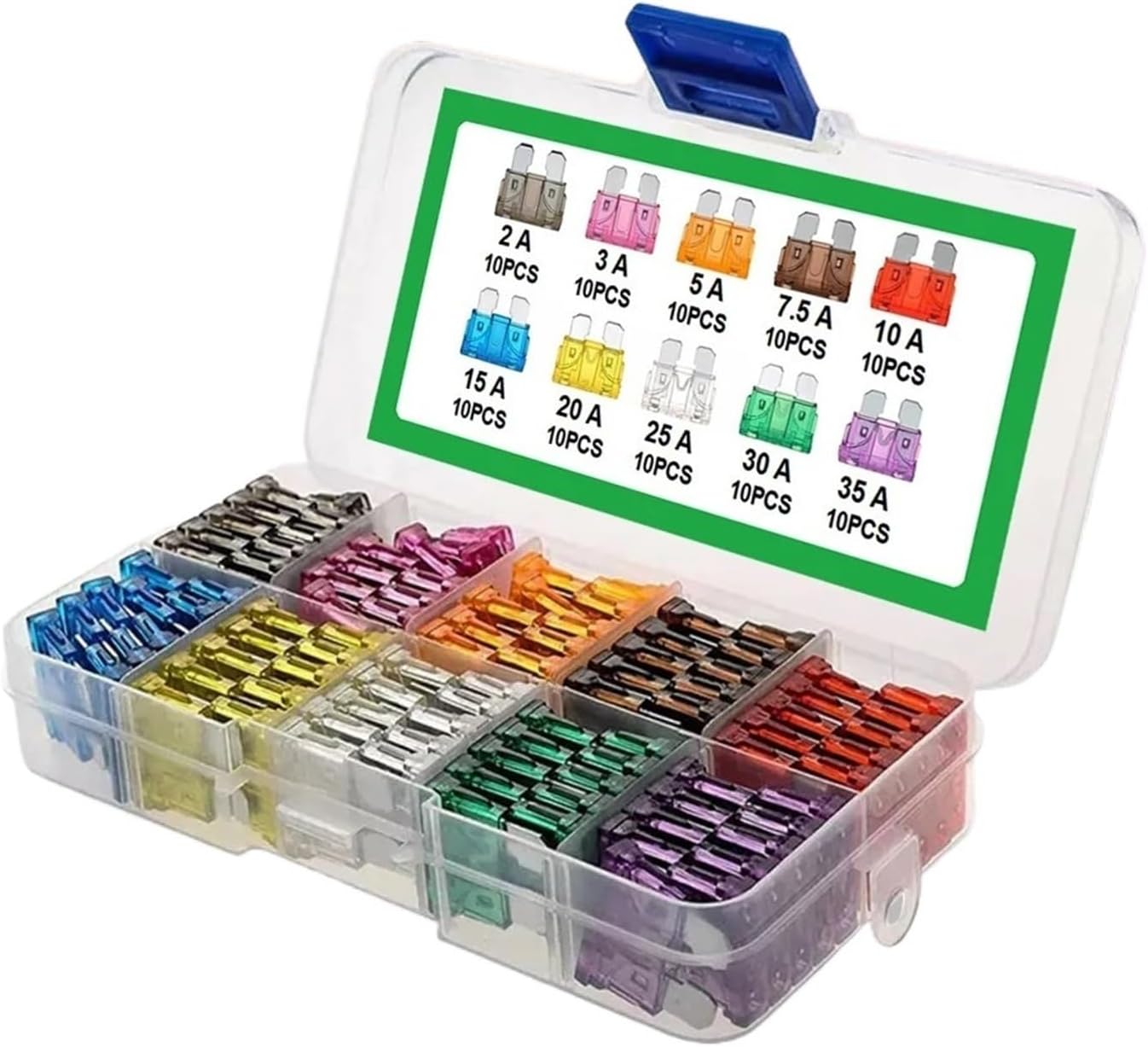 100Pcs Fuse Kit 2A 3A 5A 7. 10A 10 Types Car Assortment 15A 20A 25A 30A 35A Blade Type Assorted