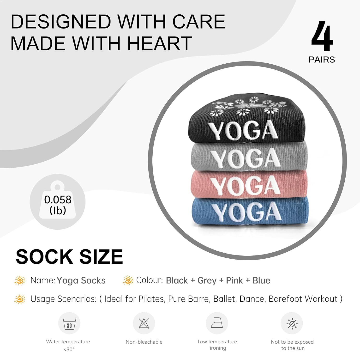 Yoga Sock Pilate Socks, 4 Pairs Non-Slip Grip Socks for Women, Perfect for US 7-10