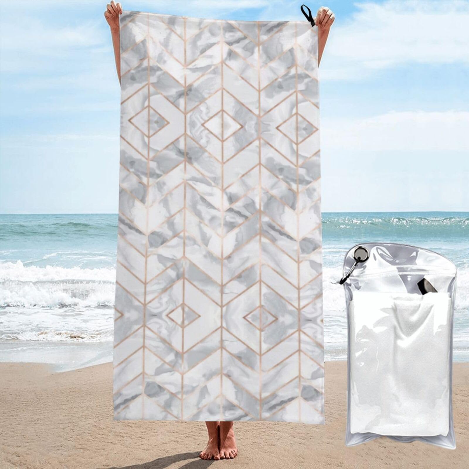 Serviette de plage marbre or rose 81x132 cm grande taille pour piscine et bain d'été