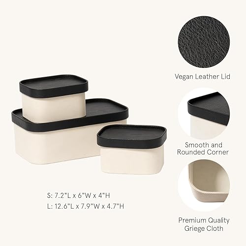 Miniatura 30 de LA JOLIE MUSE Cestas de almacenamiento de cartón estriado con tapas similares a la piel, resistentes cajas de papel apilables bandeja decorativa