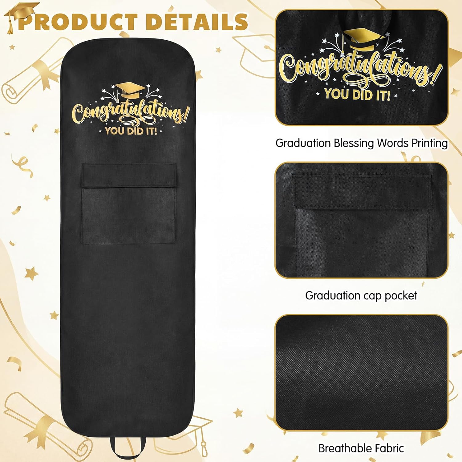 Abbylike 66''x24'' Graduation Academic Garment Bag with Handles and Cap Pocket Breathable Graduation Gown Bag Fabric Dress Bags for Hanging Gowns Long Closet Clothes Protector, Black(You Did It)
