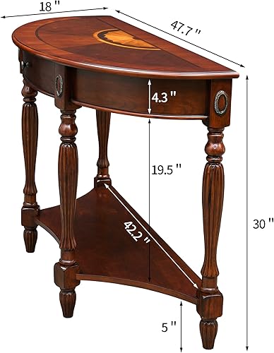 Miniatura 2 de MODERION Mesa consola de madera maciza con cajón, estante de almacenamiento de entrada semicírculo, tallas de media luna, elegante sofá vintage para