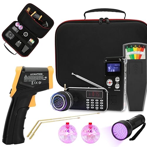 11 Pcs Ghost Hunting Equipment Kit with 1 EMF Meter,1 EVP Recorder, 1 Hand Held Radio,1 Speaker,1 Infrared Thermometer,1 UV Light,2 Brass Detection Rods,2 LED Light up Cat Balls & 1 Carrying Case