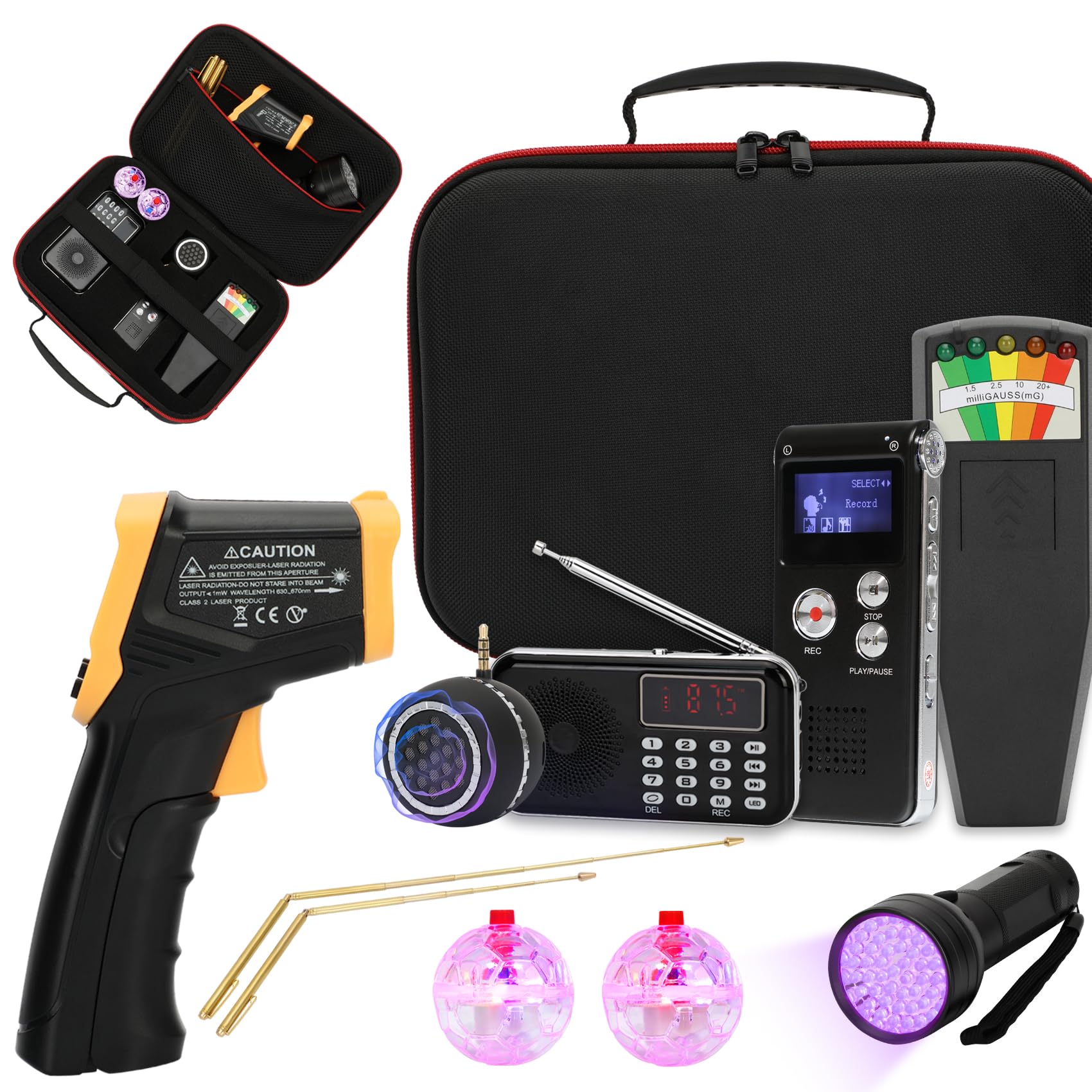 Kit da caccia fantasma da 11 pezzi con 1 misuratore EMF, 1 registratore EVP, 1 Spirit Box, 1 altoparlante, 1 termometro a infrarossi, 1 luce UV, 2 aste di rilevamento in ottone, 2 palline LED per