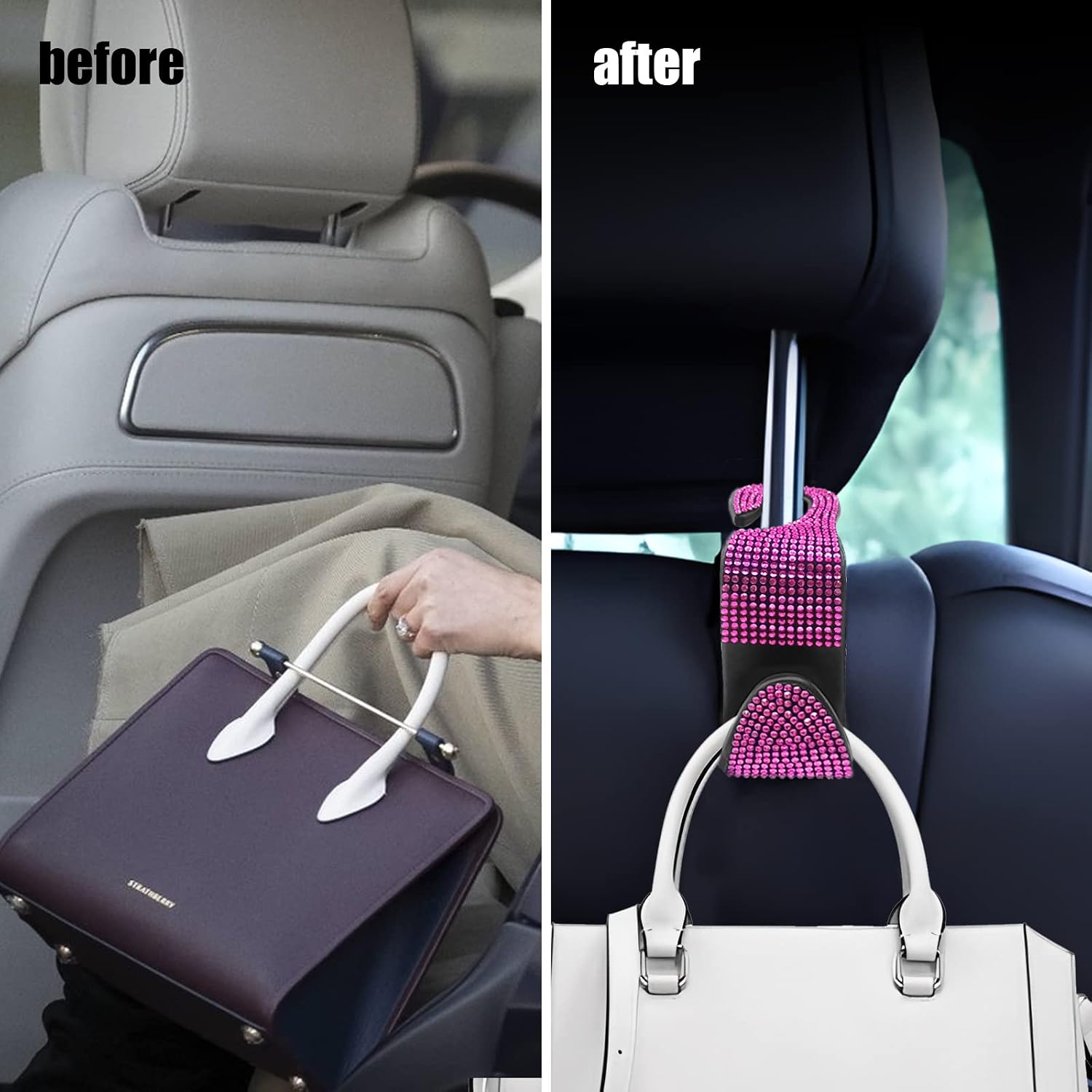 OSIFIT 2PCS Car Seat Hooks, Bling Car Rhinestone Headrest Hooks, Universal Bling Car Interior Accessories, for Handbag, Clothes, Purse, Water Bottle (Pink) image 4