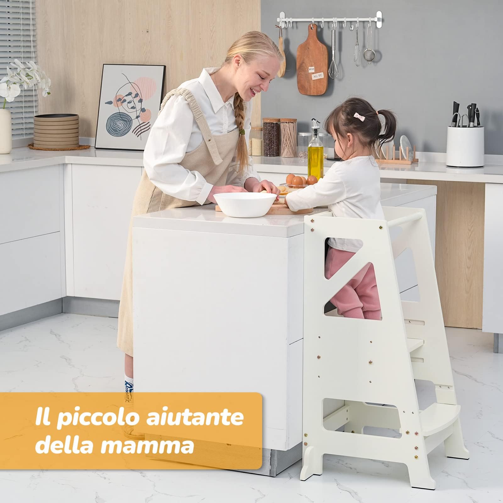 Dripex Torre di Apprendimento per Bambini, Torre Montessoriana in Legno, Learning Tower con Lavagna Magnetica Bifacciale, Regolabile, Sicurezza, Realizzato in legno di alta qualità (Bianco - Classico)