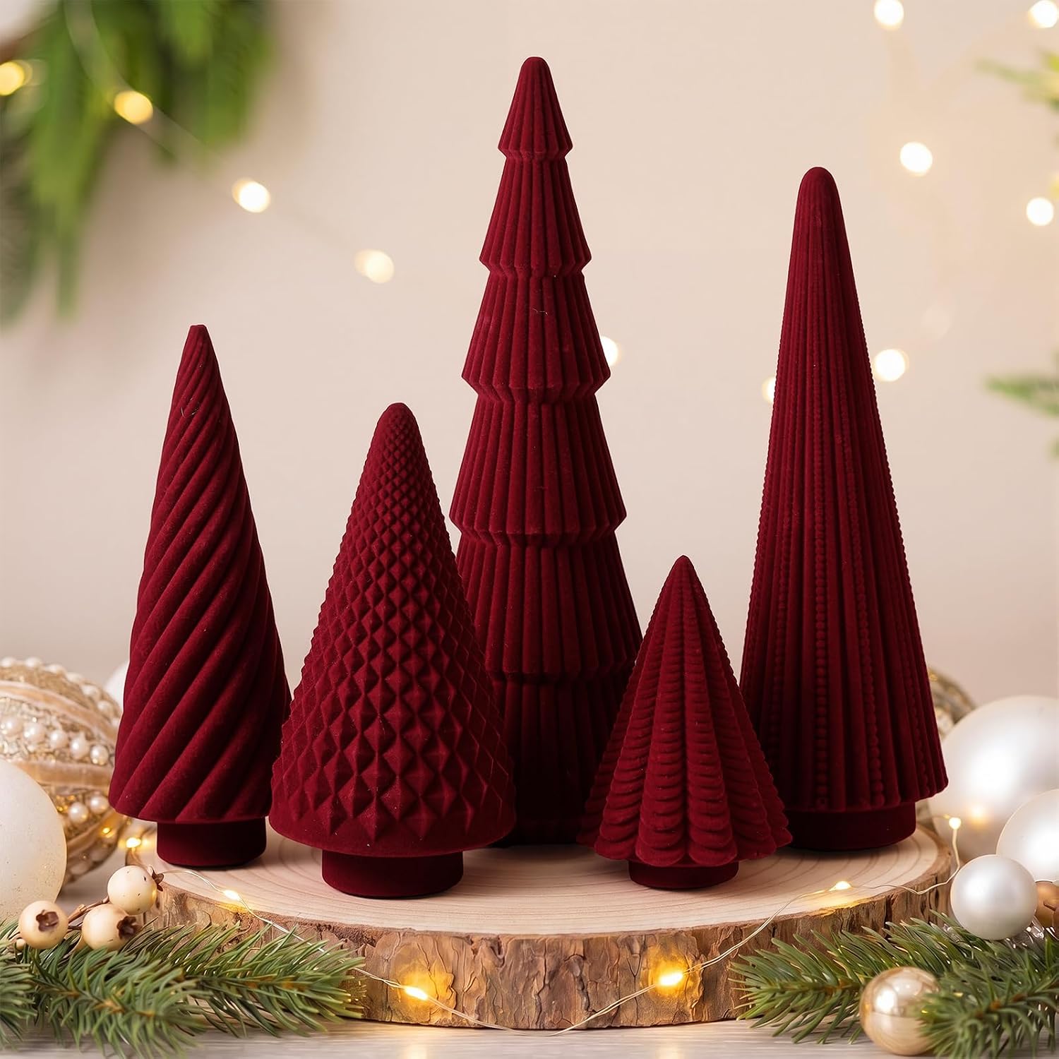 Weysat Burgundy 5 Pcs Neutral Christmas Velvet Cone Trees Set