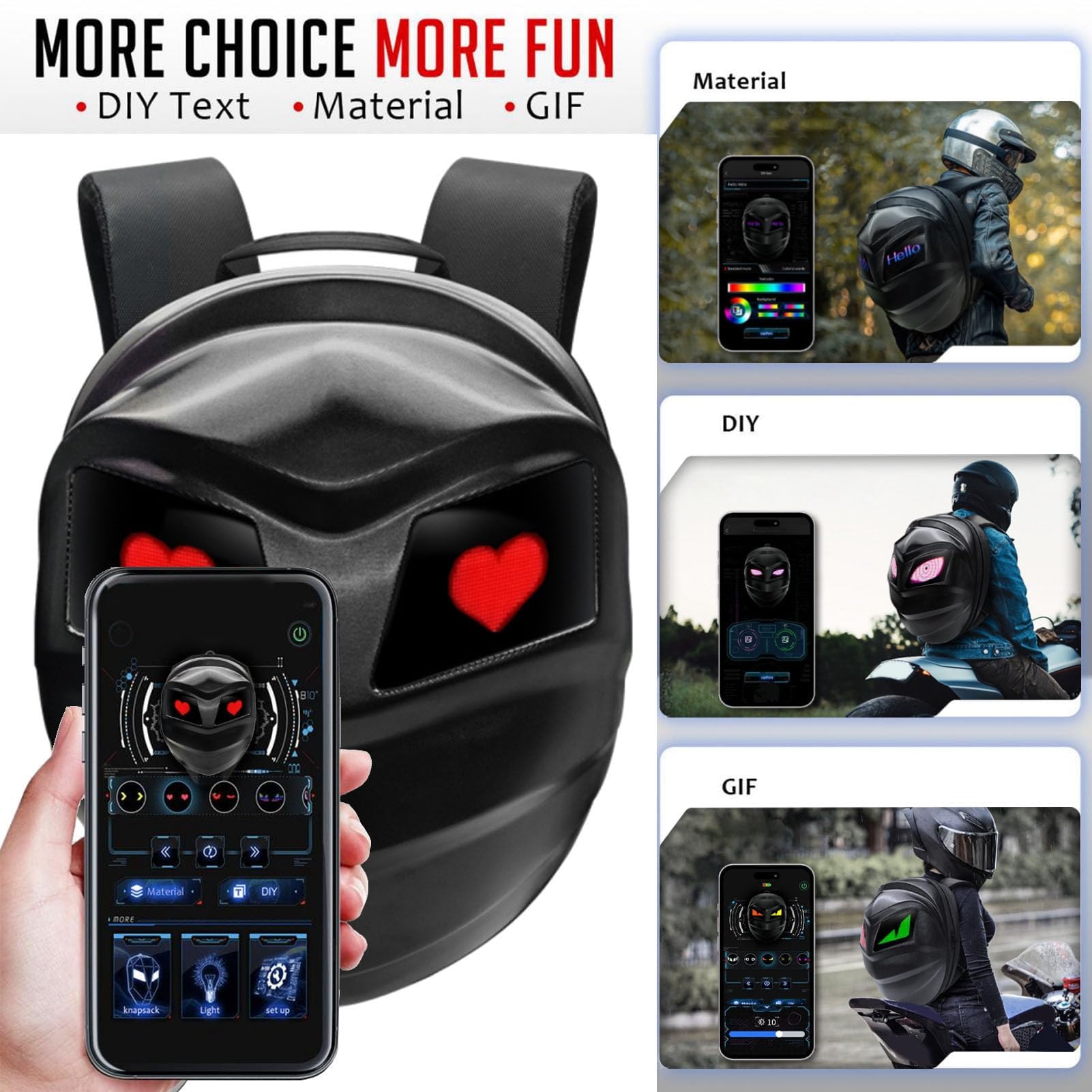 Plecak LED Motocykl, Plecak Motocyklowy Twardej Motocykli z Kolorowym Wyświetlaczem LED, dla Mężczyzn lub Kobiet, Duży Rozmiar 19 -calowy, Kontrola Aplikacji, dla Loy Oczu, z