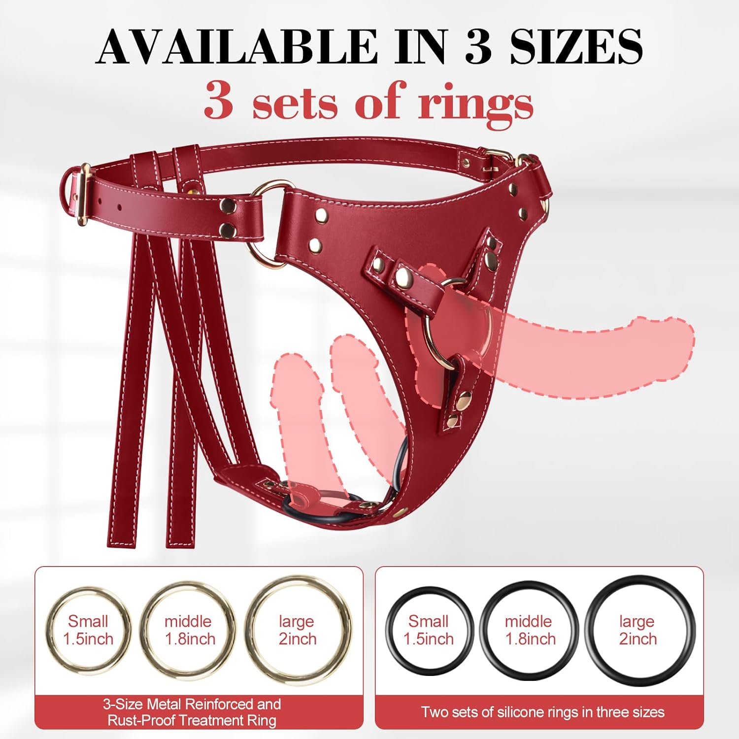 Strap On Dildo Sex Toy Adjustable Waist Strap on Design,2 Sets Silicone Rings and 1 Set Metal Rings,Strap on Harness Adult Strapless for Partners, for Heterosexual Lesbian and Gay