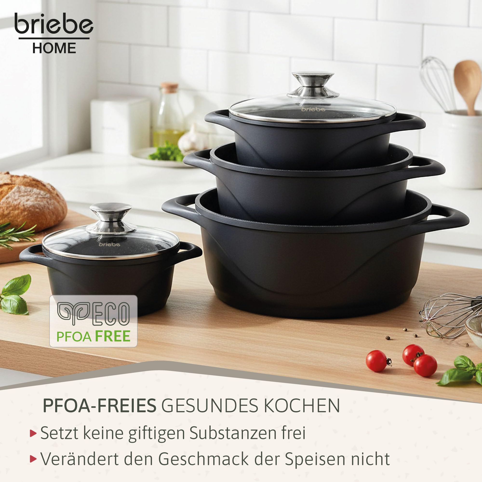 briebe Topfset Induktion 8-Teilig, Kochtopf Set 4 Töpfen aus Aluminiumguss, Antihaftbeschichtung ILAG GRANITEC ohne PFOA, Deckeln aus Glass, Topfhandschuhe Silikon, Glaskeramik, Gas, Ofen, MGK-12