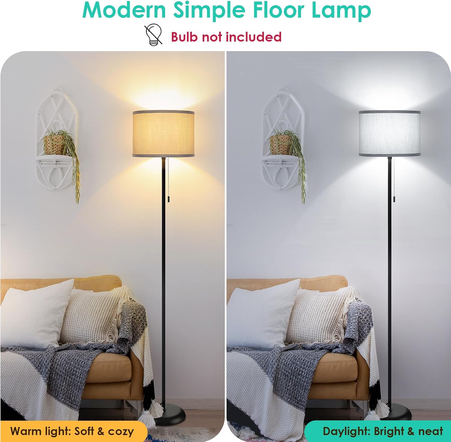 FOLKSMATE Floor Lamp for Living Room, Modern LED Simple Standing Lamp, Minimalist Tall Light for Bedroom, Office, Kids Room, Reading, Black Pole With Grey Shade, Without Bulb